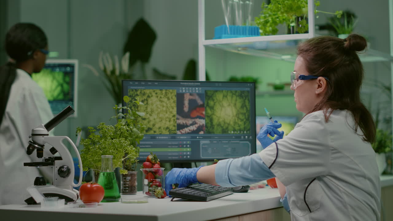 Scientist injecting strawberry with pesticides discovery genetic mutation