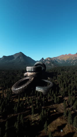 tires in a mountain forest landscape