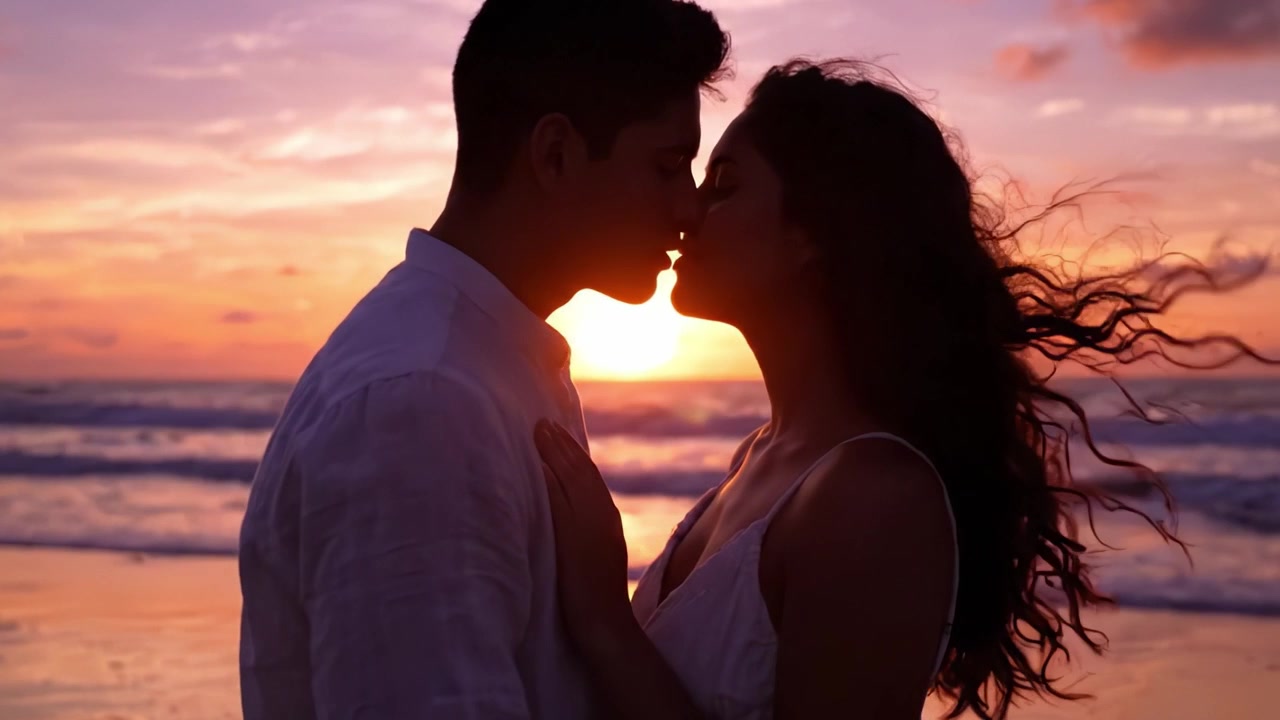 Un abbraccio romantico al tramonto: una coppia si scambia un bacio intimo sulla spiaggia mentre le onde lambiscono dolcemente la riva sotto il cielo colorato al crepuscolo