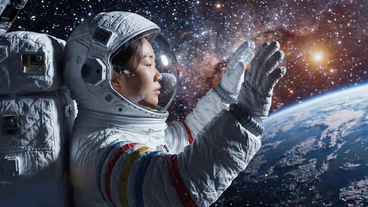 Un astronauta introspectivo contemplando el universo: Un viaje a través del cosmos y un momento de reflexión entre las estrellas y los planetas