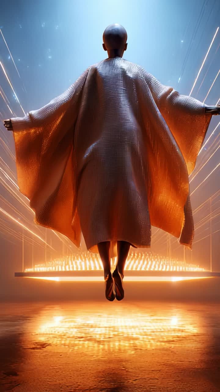 A serene and ethereal figure in a flowing robe levitates gracefully above the ground, illuminated by radiant beams of light and a glowing platform below