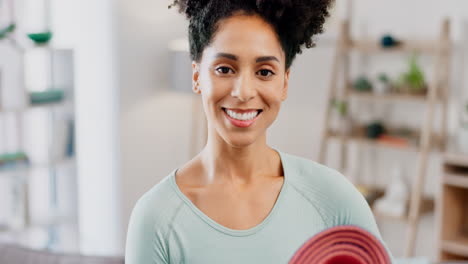 face, woman and holding yoga mat in house
