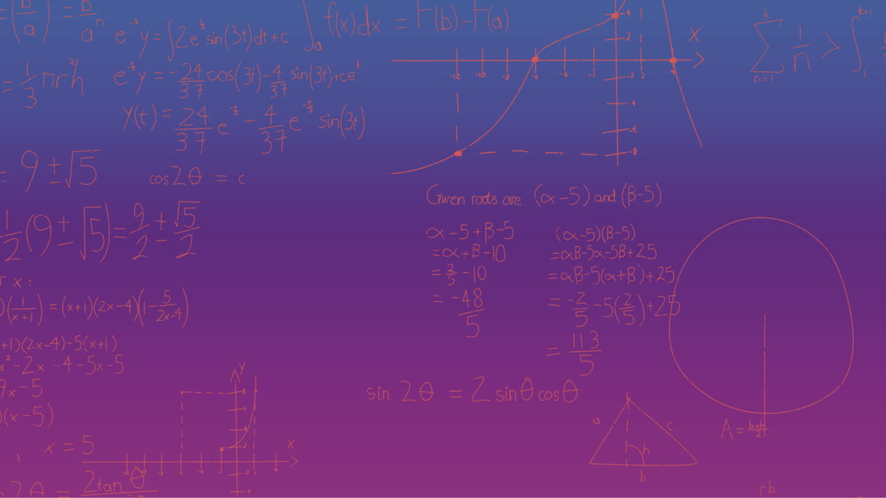 Animation of handwritten mathematical formulae over blue to purple background