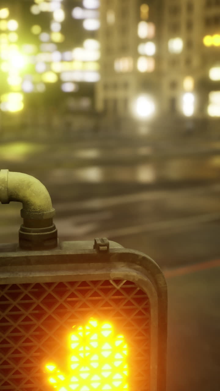 Pedestrian waits patiently for the green light in a busy city at night