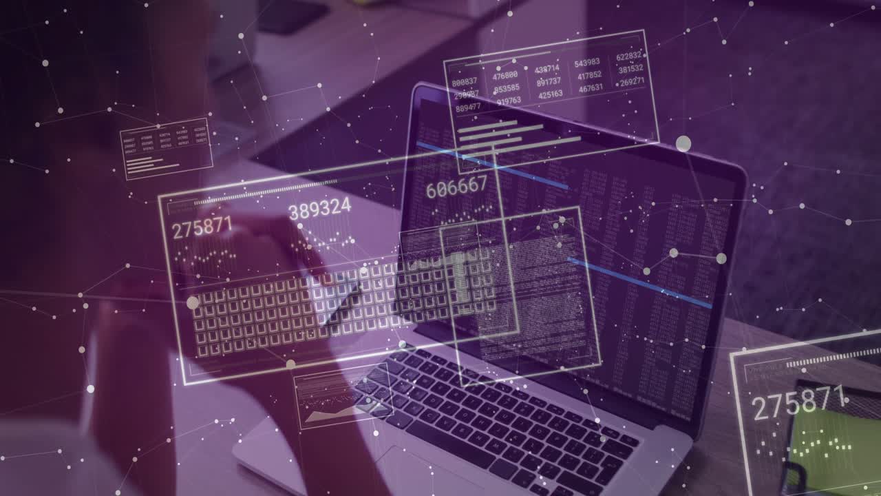 Kvinne som trykker på telefonskjermen og oppdaterer den bærbare datamaskinen, med finansdiagrammer som vises for analyse
