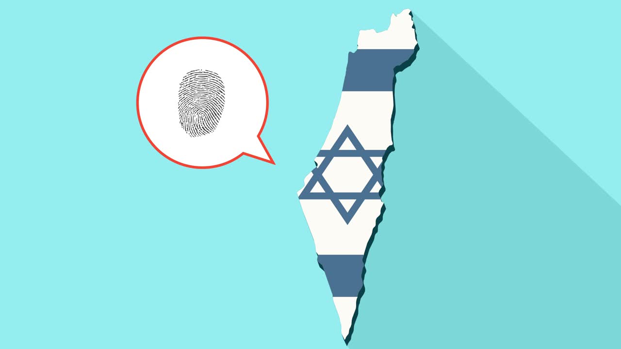 animación de una larga sombra mapa de israel con su bandera y un globo cómico con una huella dactilar