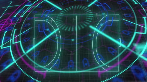 animación del procesamiento de datos financieros sobre el campo deportivo