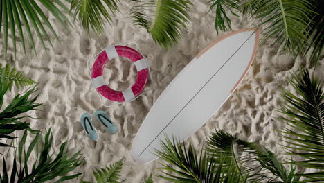 loop top view animation of tropical beach with surfboard lifebuoy and flipflops