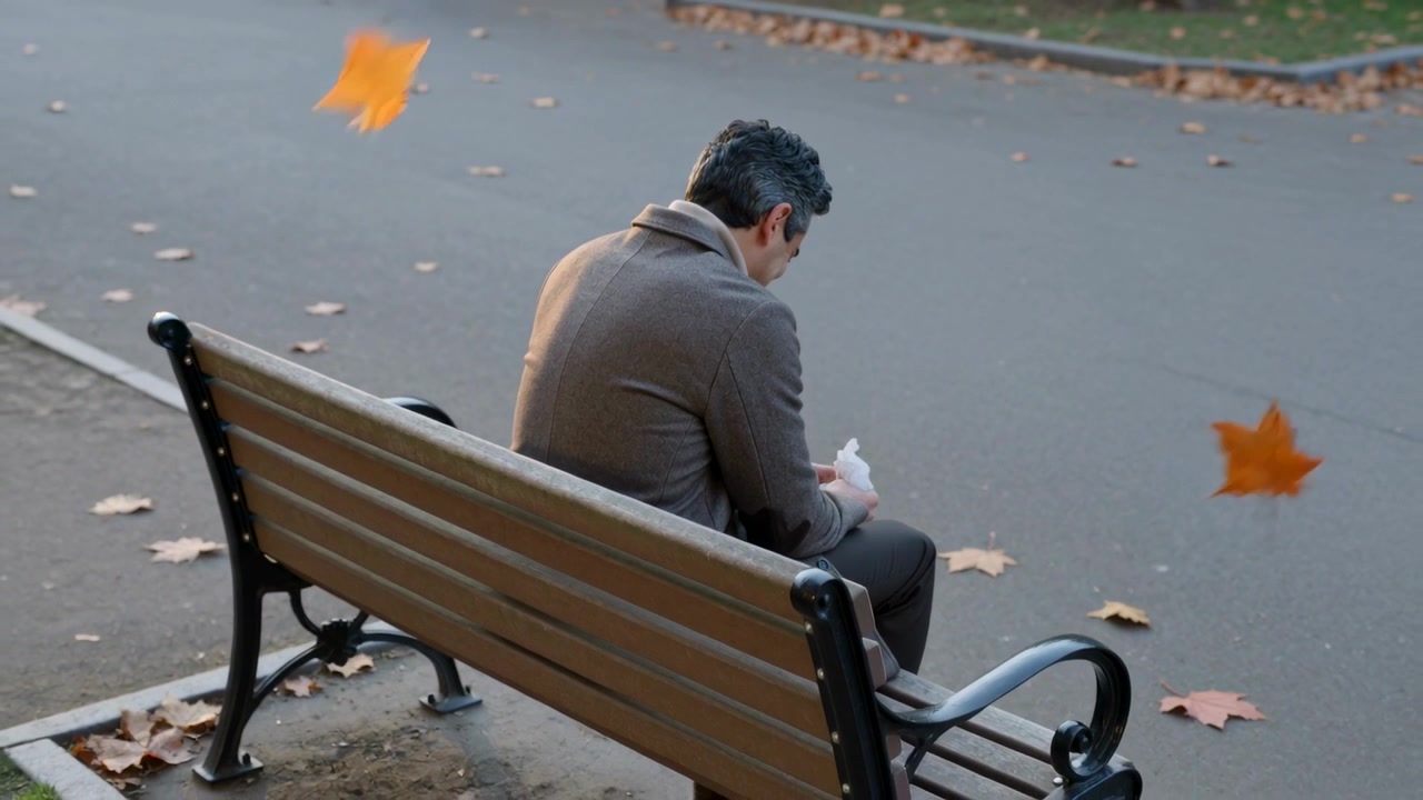 茶色のコートを着た男性が公園のベンチに座り、ティッシュで顔を押さえている。風が吹き荒れ、葉が舞っている