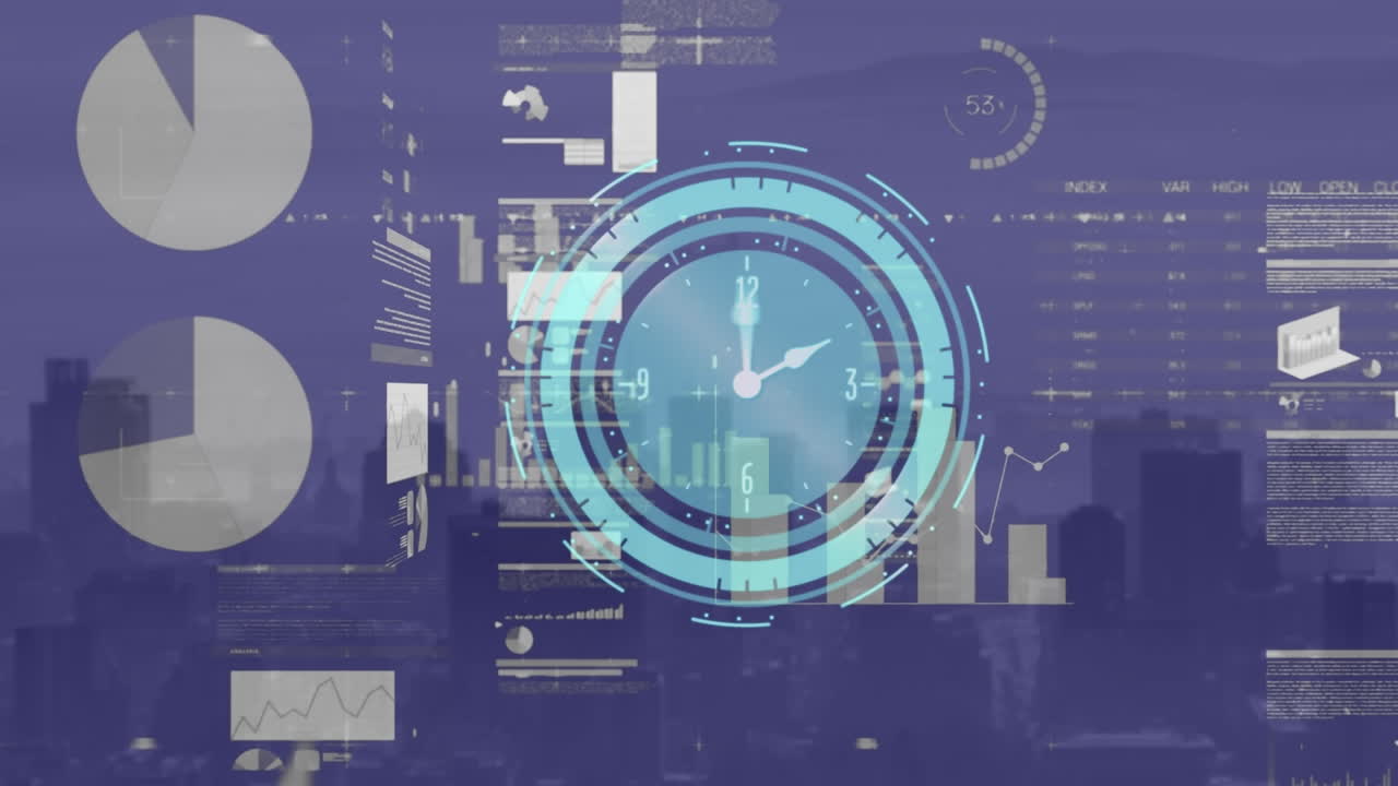 Animation of digital clock over multiple graphs and loading circles against modern cityscape