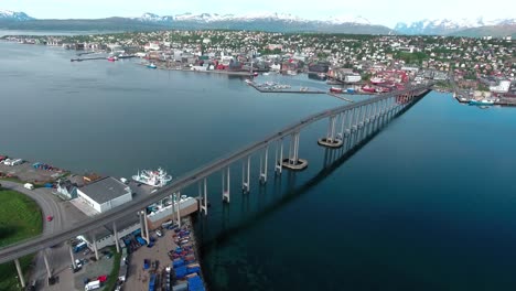 bridge of city tromso, norway aerial footage