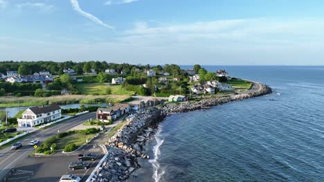 Scenic drone view of New Hampshire seacoast and oceanside houses on a sunny day