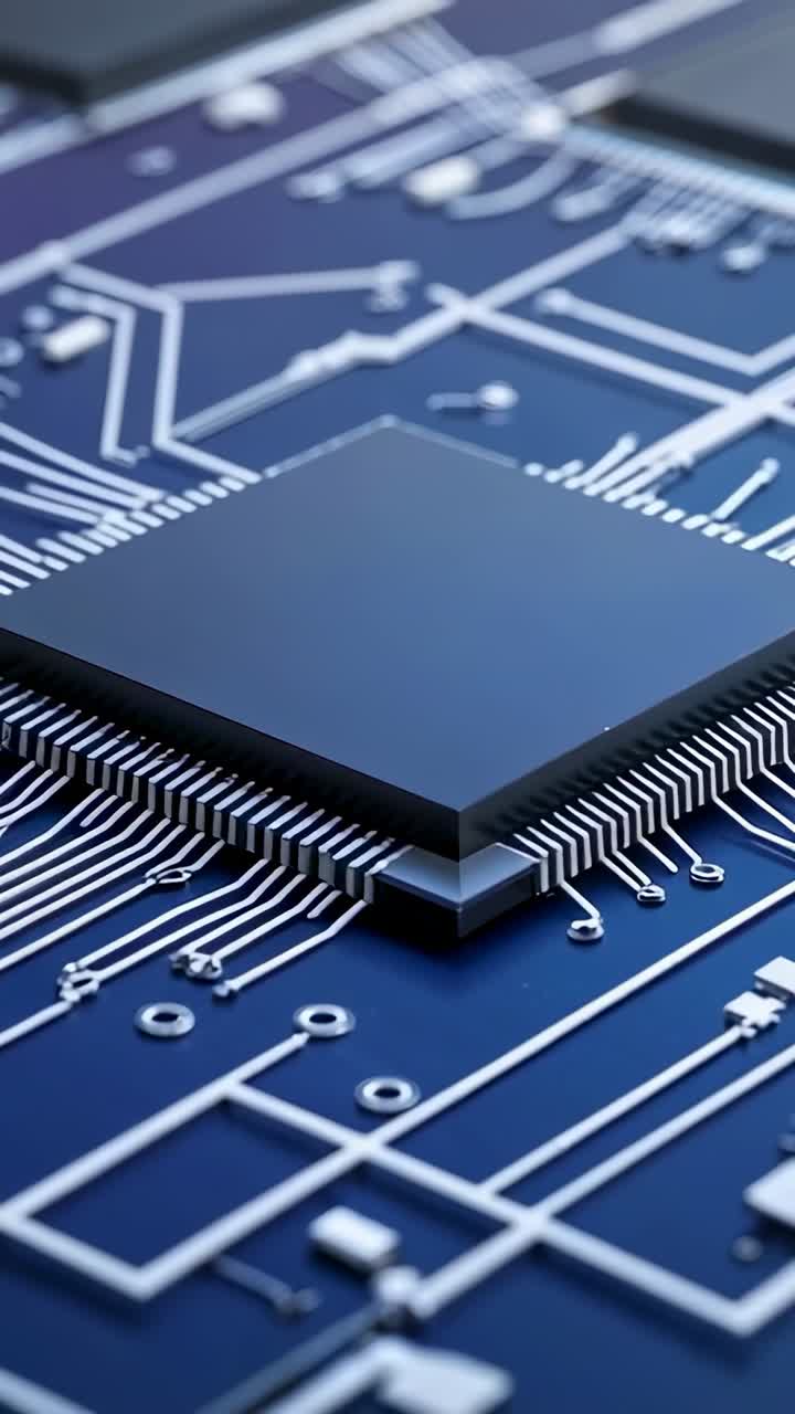 Vertical video: Camera shifting focus on square microchip on PCB substrate revealing circuit traces