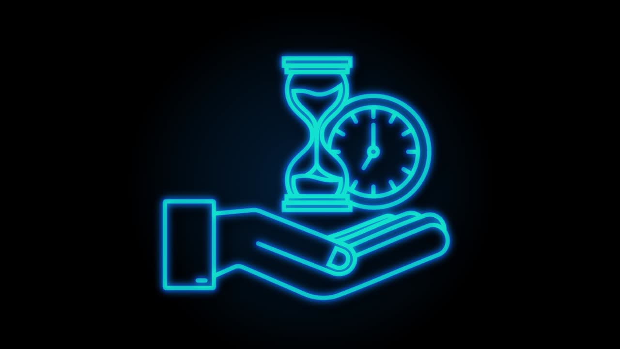 неоновый таймер и деньги в руках. часы и сумка, время - это деньги, быстрый кредит, срок оплаты, сберегательный счет. движущаяся графика