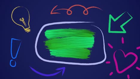 Animation-of-speech-bubble-with-green-paint-strokes-and-copy-space,-hand-drawn-icons-on-purple
