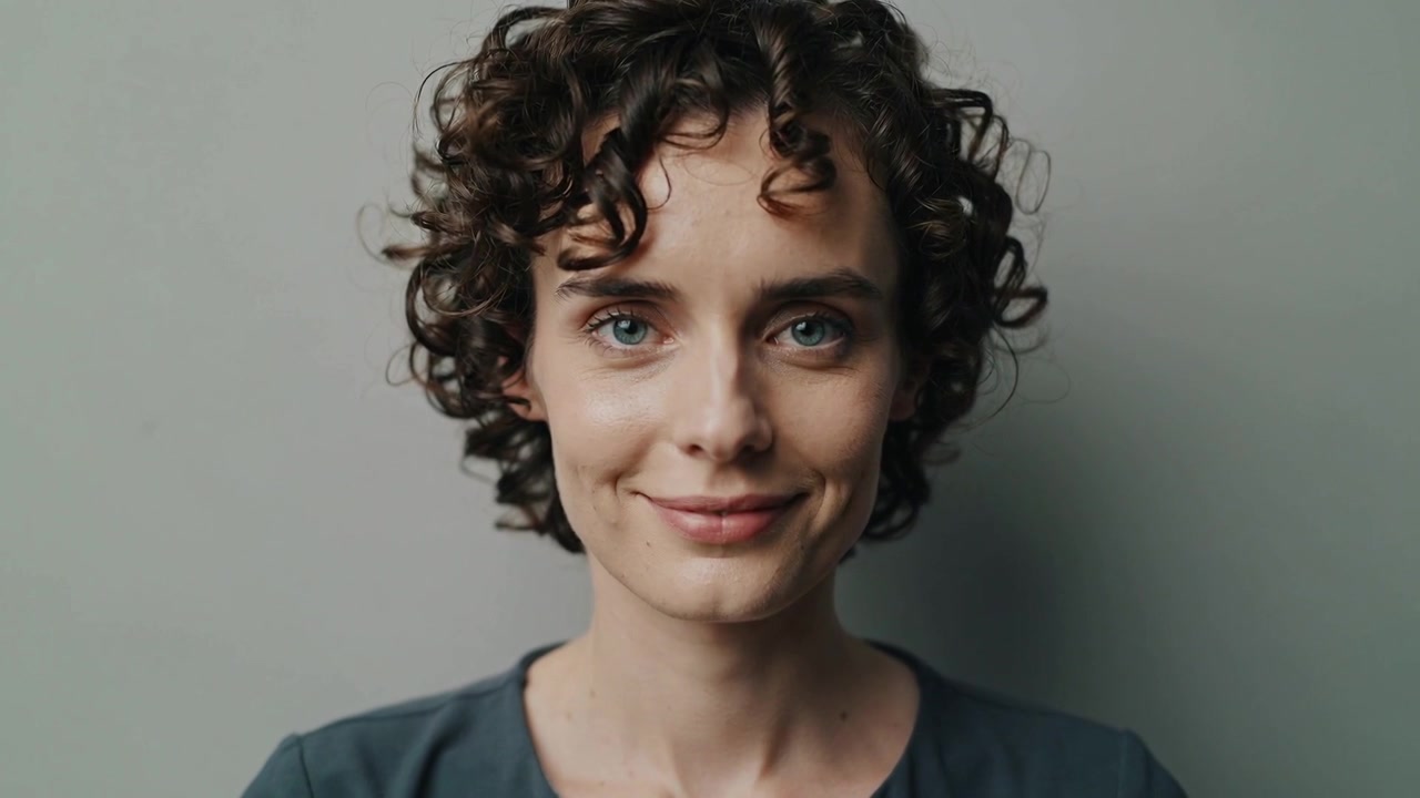 Câmera enquadrando mulher com blusa azul-petróleo sorrindo, inclinando-se para frente, posando para um retrato em uma parede lisa.