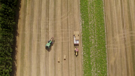 top down view of tractor working on a wheat field - drone shot