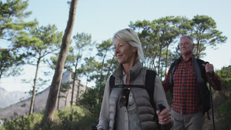 pareja de ancianos activos caminando por las montañas