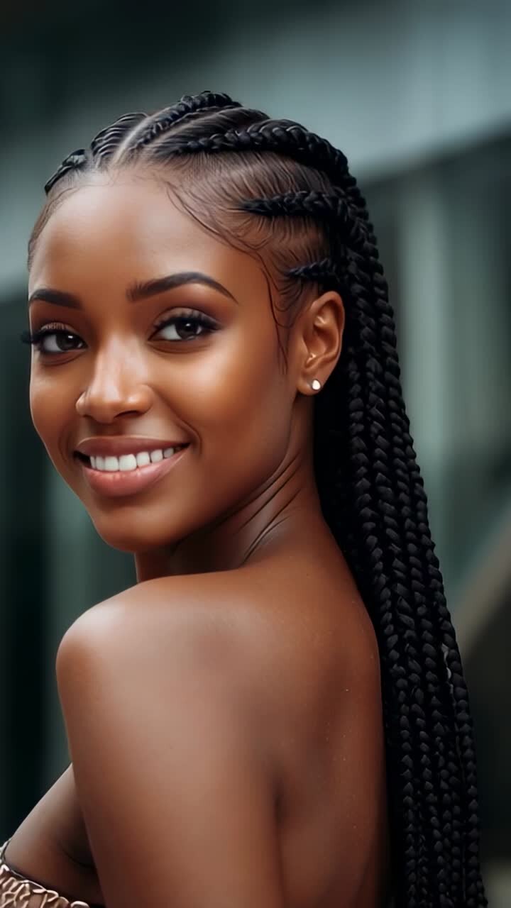 Vertical video: Pivoting woman facing camera at plaza, with strapless dress and stud earrings