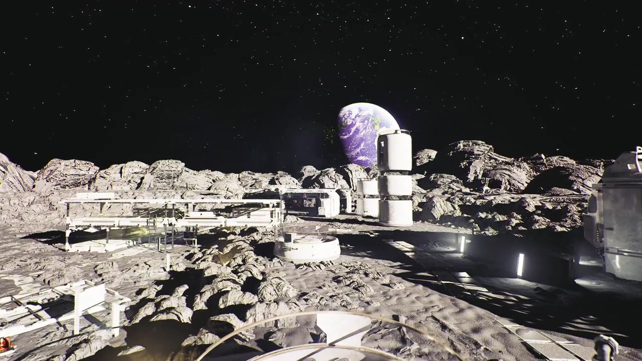 Panorama de colônia lunar, assentamento de uso misto e serviços urbanos