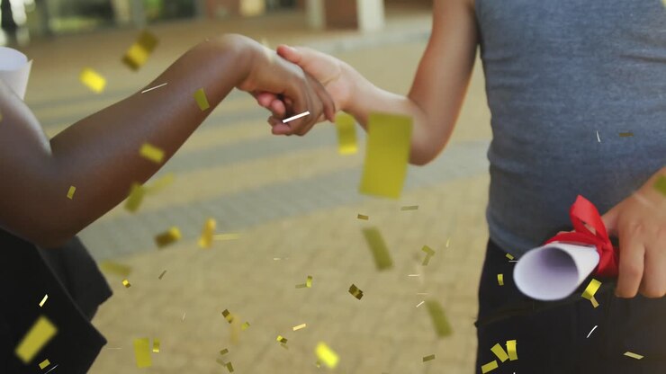 Animazione di coriandoli dorati su allegri studenti di diverse etnie con diploma e tocco che si stringono la mano