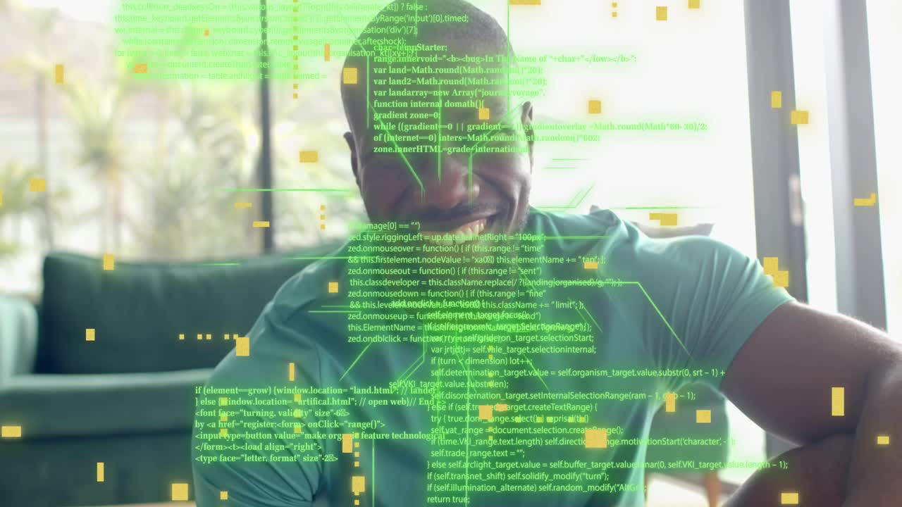 Man holding smartphone and tapping watch, phone emitting code overlays syncing fitness data