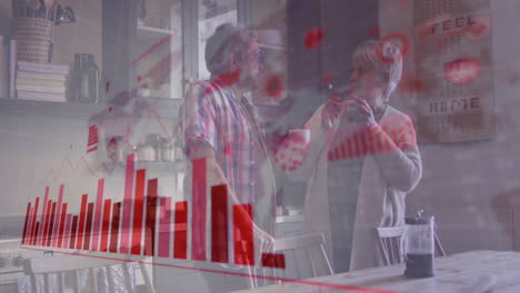 animation of data processing over senior biracial couple talking