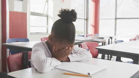in school, african american girl sitting at desk with head in hands, feeling stressed