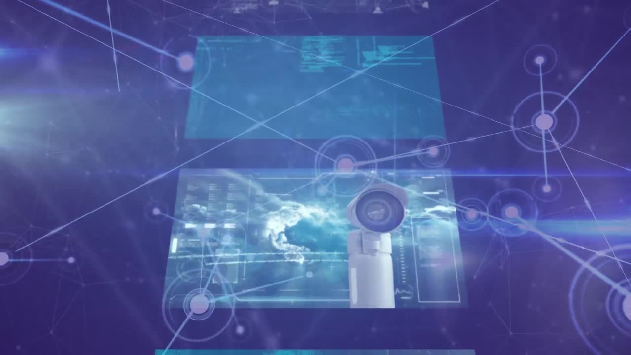 파란색 배경의 화면에서 연결 네트워크와 데이터 처리의 애니메이션