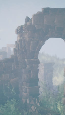 ruins of an ancient civilization amidst lush landscapes and misty mountains