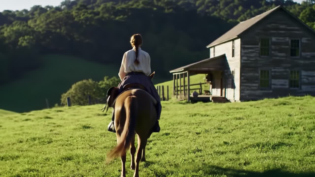 A woman on horseback rides through a lush green field, approaching a charming farmhouse surrounded by rolling hills. The warm glow of sunset creates a picturesque backdrop.