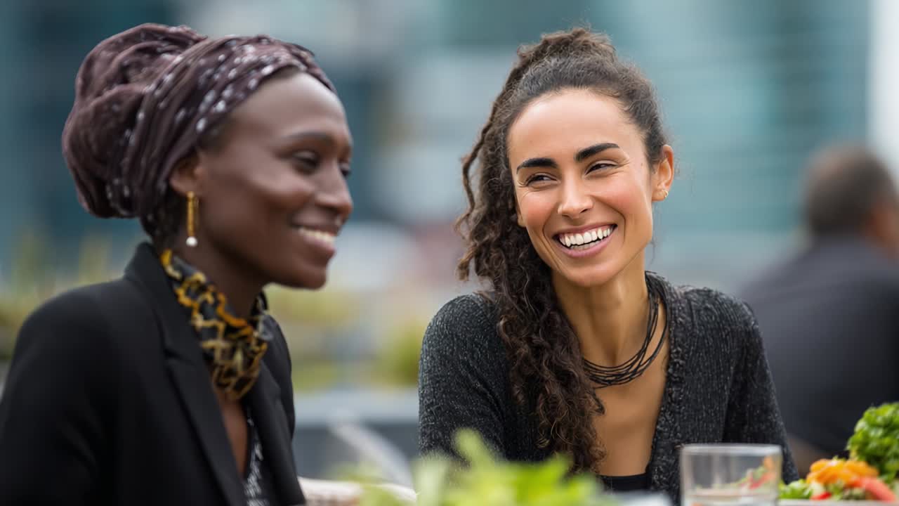 Two Friends Enjoying a Joyful Outdoor Meal Together, Sharing Laughter and Delicious Food While Surrounded by a Beautiful Urban Landscape, Capturing Moments of Friendship and Connection