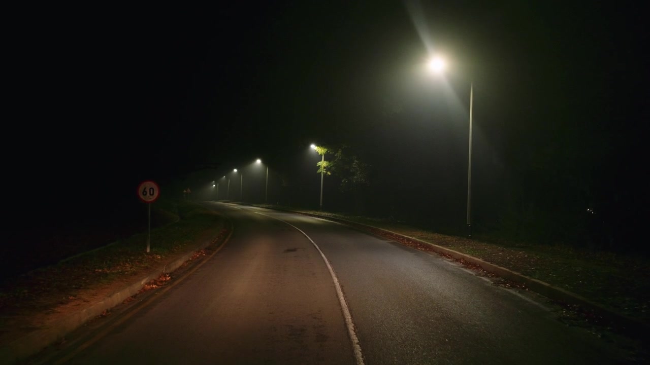 Guida notturna lungo una strada nebbiosa e deserta, 4K