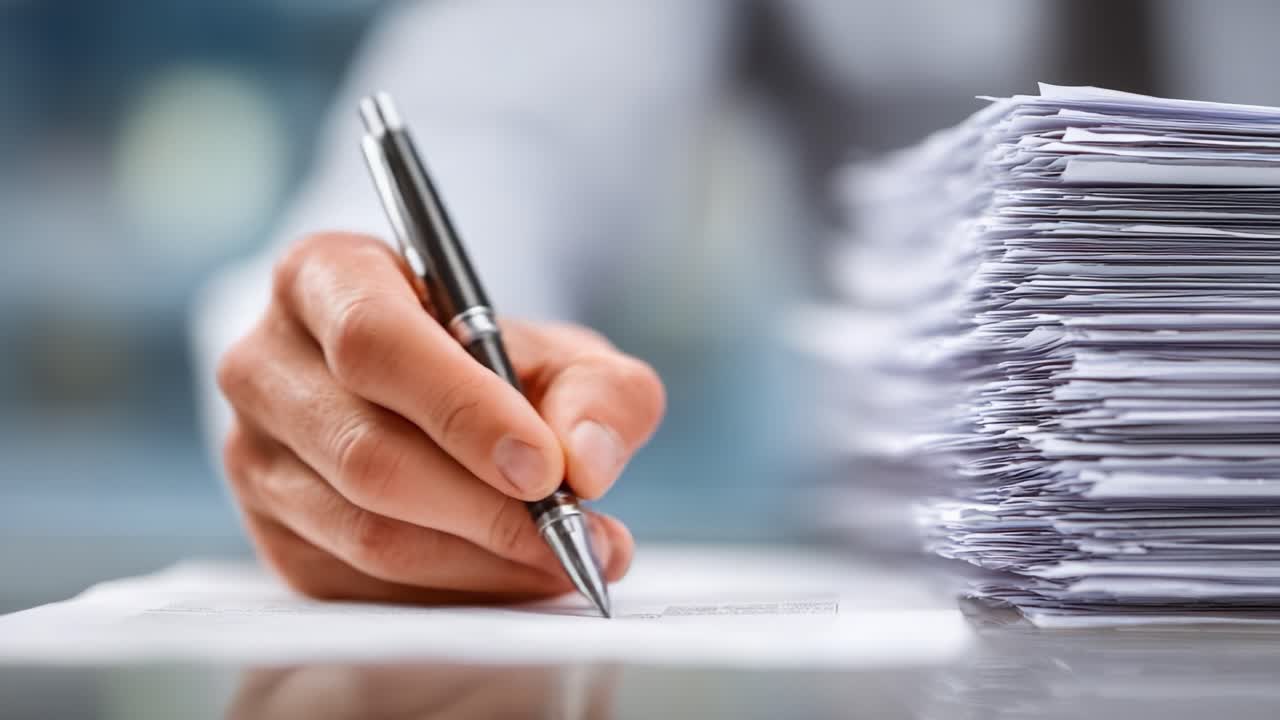 Document Signing Process: A Close-Up View of a Hand Holding a Pen Over Paper with Stacks of Documents in the Background