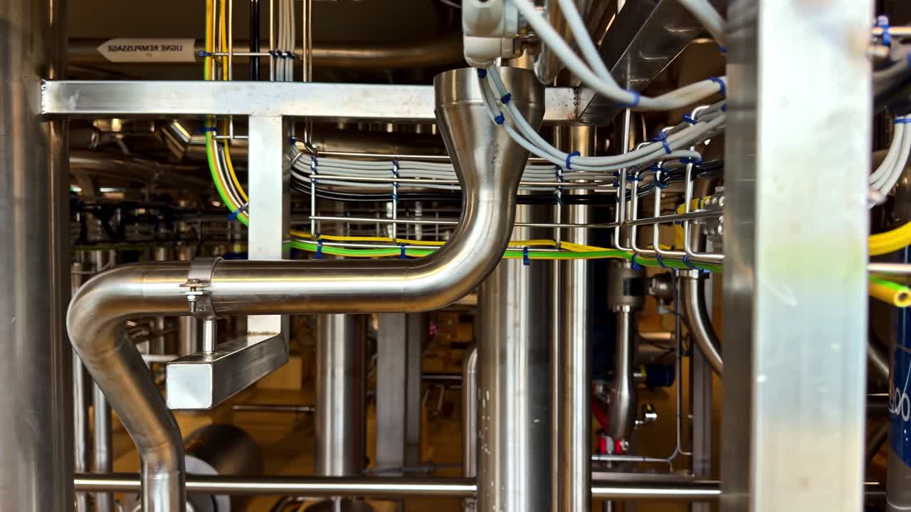 Industrimaskiner og rustfri stålrør inde i en moderne fabrik, med kabler og procesudstyr i lav dybdeskarphed til temaer om produktion, automatisering og ingeniørvirksomhed.