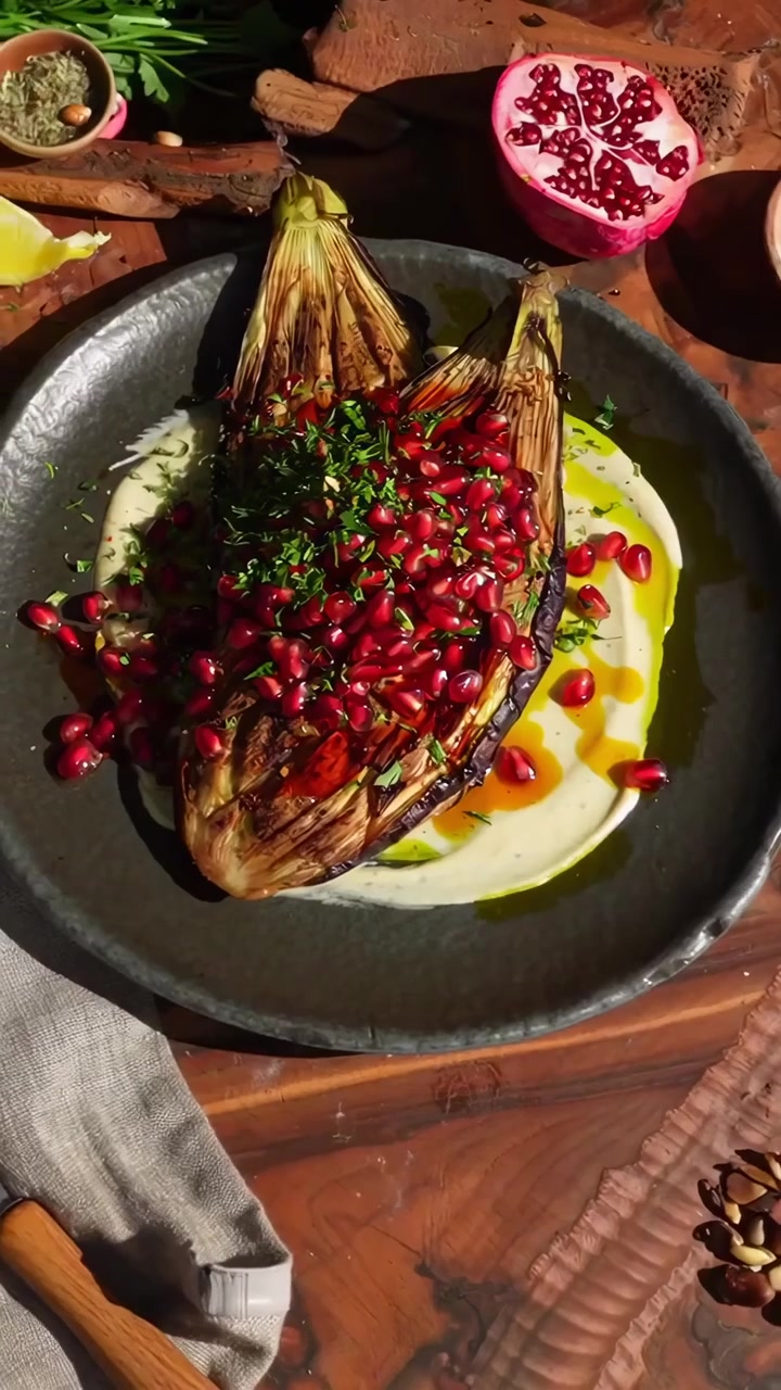 Chef che impiattano melanzane arrostite con semi di melograno e salsa cremosa