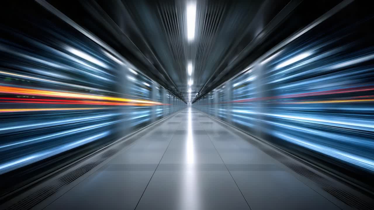 Un corridoio futuristico: vivi il movimento e la profondità in un ambiente ad alta velocità attraverso un'illuminazione dinamica e linee eleganti