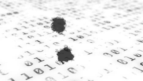 animation of black ink stains falling on binary coding data processing on white background