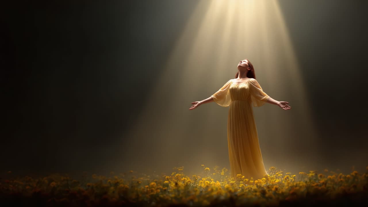 A Serene Woman in a Flowing Yellow Dress Embracing Light, Surrounded by a Meadow of Flowers, Exuding Peace and Harmony in a Dreamlike Atmosphere