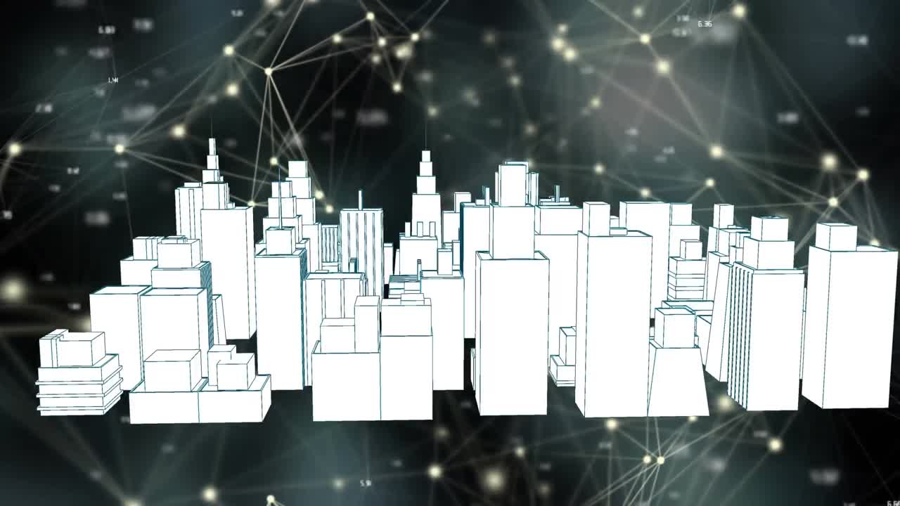 3d 도시 풍경 도면 위의 연결 네트워크의 애니메이션