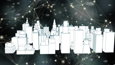 Animation-of-network-of-connections-over-3d-cityscape-drawing