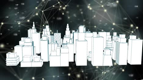 animación de la red de conexiones sobre el dibujo del paisaje urbano en 3d