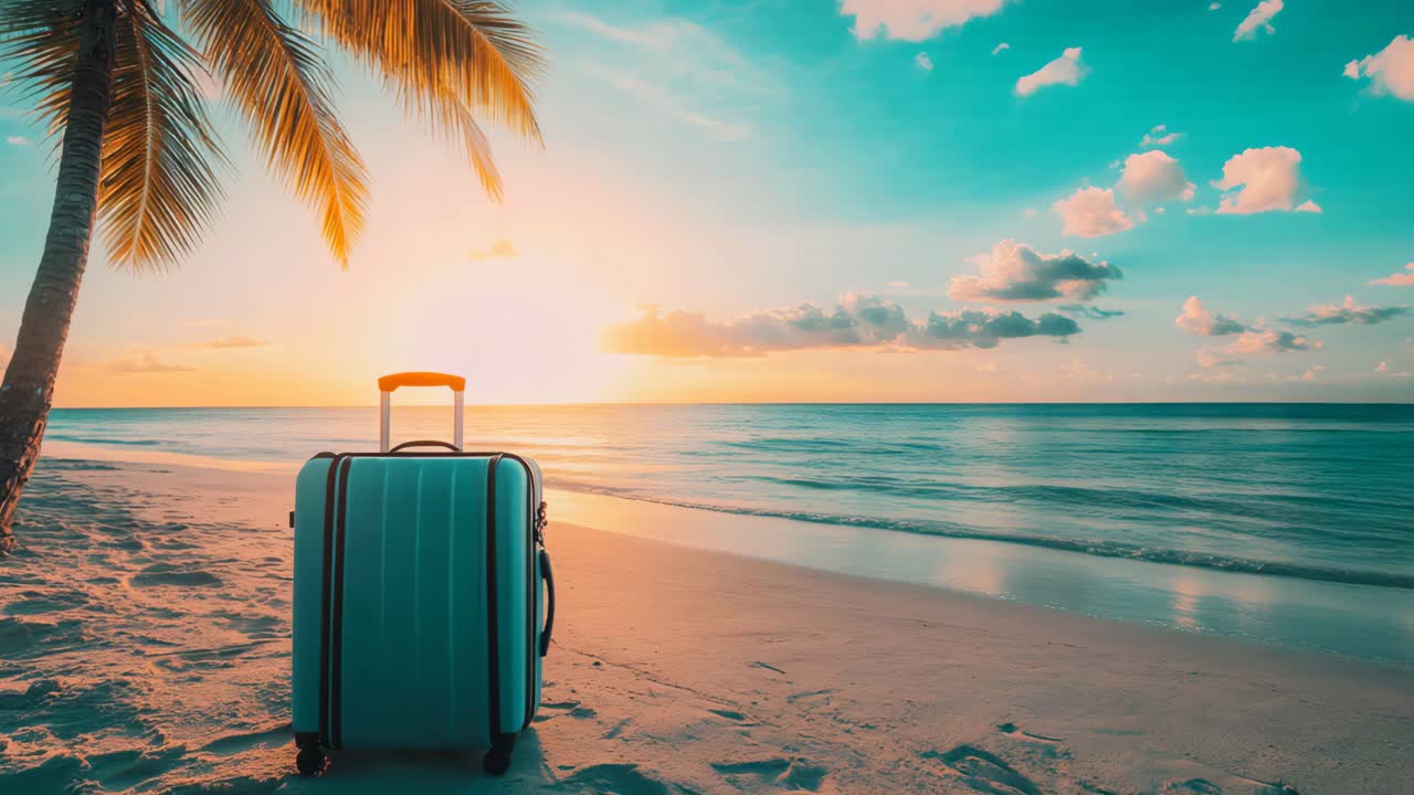 Tropical Beach Sunset with Suitcase
