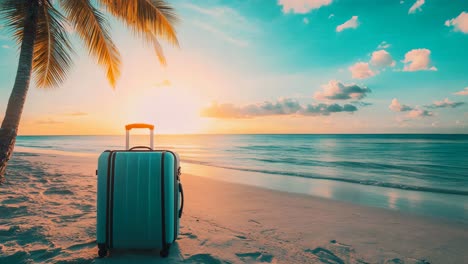 tropical beach sunset with suitcase