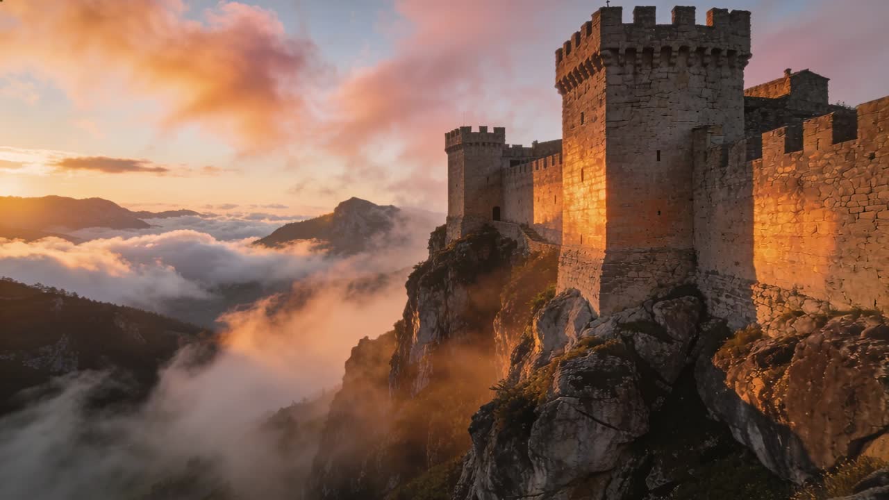 Calda luce dell'alba che inonda una fortezza in pietra su una scogliera rocciosa, con nebbia che si sposta nella valle, spazio per il testo.