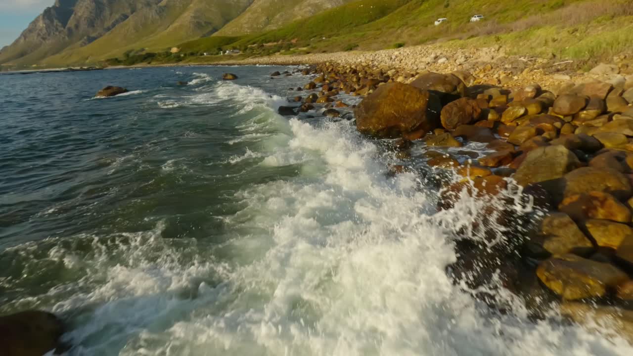 코 만의 바위 위에 부히는 파도 위를 빠르게 날아다니는 드론