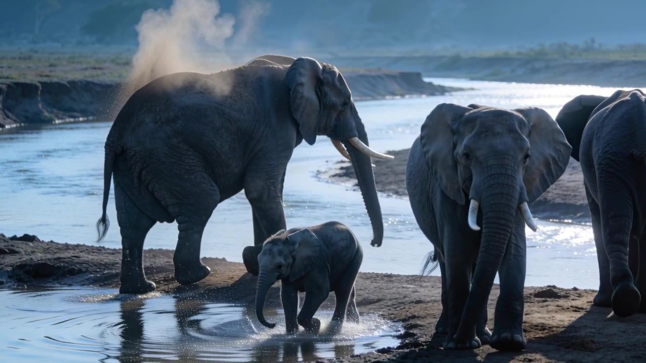 Gajah mengangkat belalai dan menyemburkan debu, berjalan di tepi sungai, anak gajah berendam di genangan air untuk mendinginkan diri.