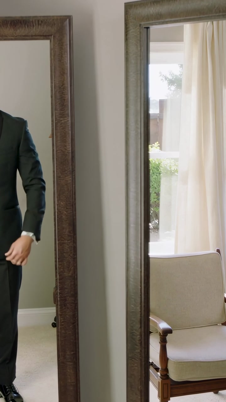 Vertical video: Facing mirror suit man fixing jacket, checking watch at home for event, copy space
