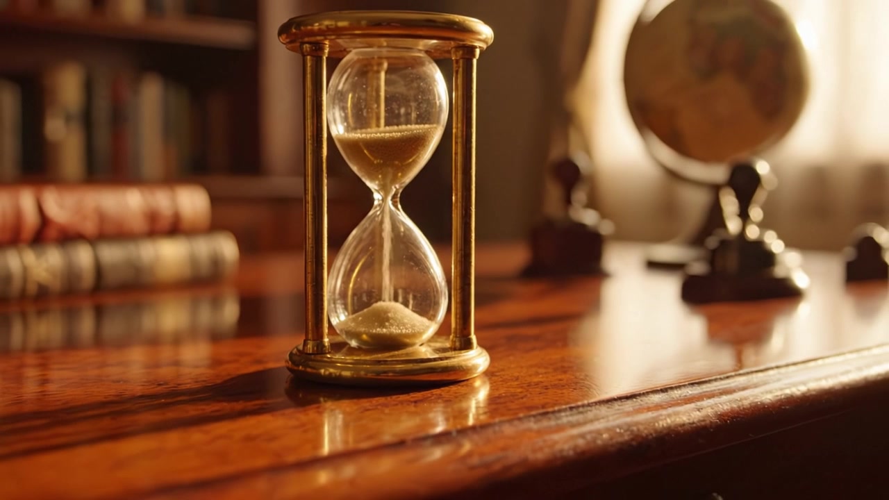An Elegant Hourglass on a Polished Wooden Desk Surrounded by Books and Globes Captures the Essence of Time Passing in a Classic Study Environment