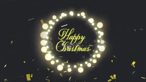 Golden-confetti-falling-over-Happy-Christmas-text-against-fairy-lights-on-black-background
